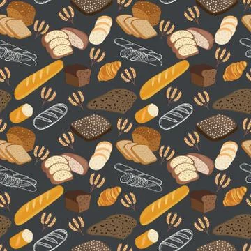 Pattern of bakery food bread, rye bread, ciabatta, wheat bread, whole grain b 스톡 일러스트
