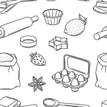 Pattern with bakery utensils. Cooking tools for home and recipe items. 스톡 일러스트