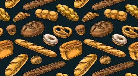 Pattern for bakery. Vector color hand drawn vintage engraving Stock Illustration