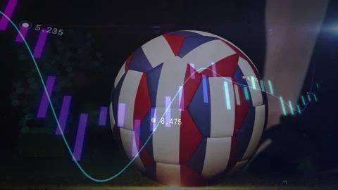 Pattern ball resting as market data moving, cleat entering causing kick, ball Stock Footage 329550821