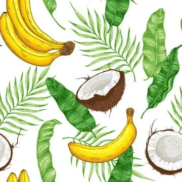 Pattern with bananas, coconuts and green leaves. Stock Illustration