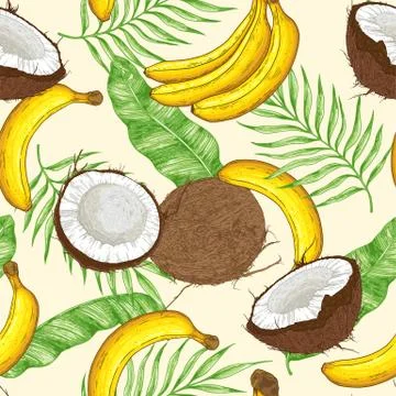 Pattern with bananas, coconuts and green leaves. Stock Illustration
