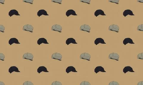 Pattern of baseball caps in black and gray on beige background Stock Illustration