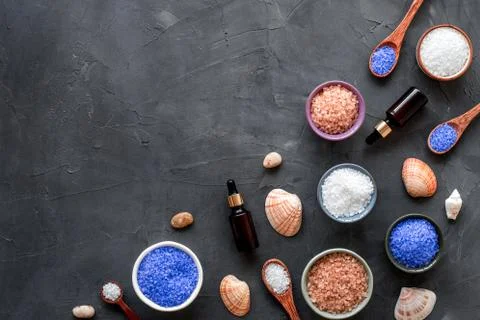 Pattern of bath set with sea salt and seashells. Above view Stock Photos