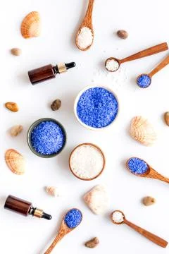 Pattern of bath set with sea salt and seashells. Above view Stock Photos