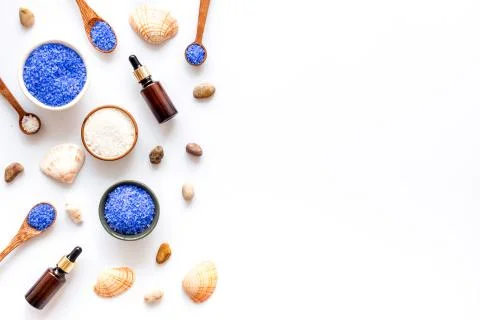 Pattern of bath set with sea salt and seashells. Above view Stock Photos