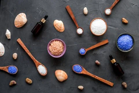 Pattern of bath set with sea salt and seashells. Above view Stock Photos