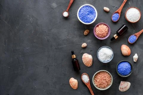 Pattern of bath set with sea salt and seashells. Above view Stock Photos