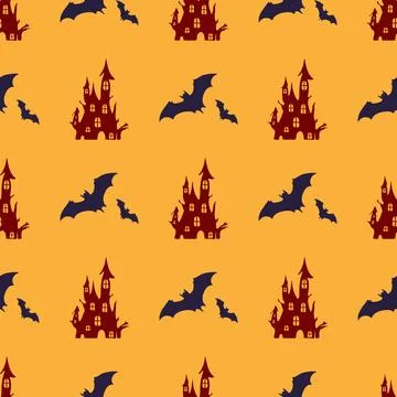 A pattern of bats and a castle on a yellow background Stock Illustration