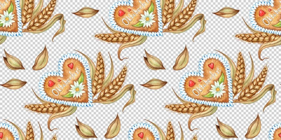 Pattern of Bavarian gingerbread and ears of wheat watercolor Stock Illustration