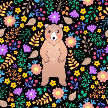 Pattern with bear and flowers Stock Illustration