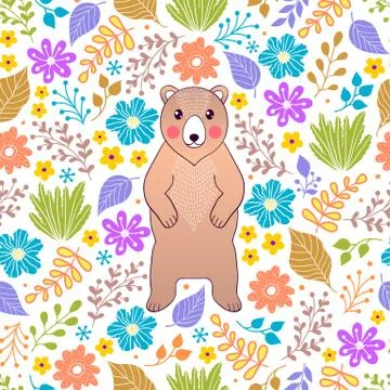 Pattern with bear and flowers Stock Illustration