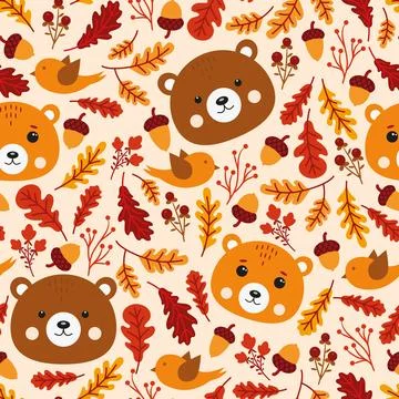 A pattern with bear faces and autumn leaves Stockillustratie