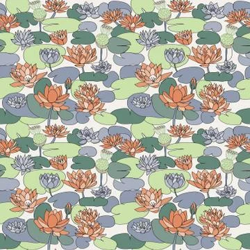 Pattern with Beautiful  hand drawn lotus flowers and leaves. Stock Illustration
