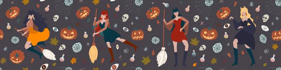 Pattern with a beautiful witch flying on a broom Illustrazione stock