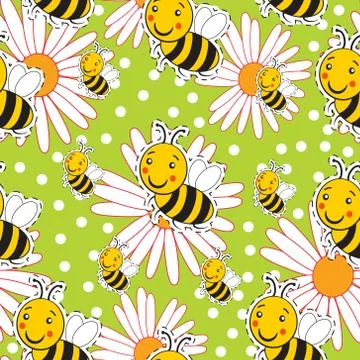 Pattern with bee and white camomiles on a green Stock Illustration