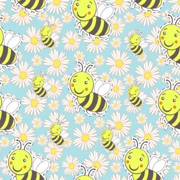 Pattern with bee and white camomiles on a green background Stock Illustration