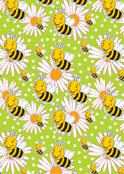 Pattern with bee and white camomiles on a green background Stock Illustration
