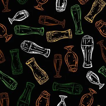Pattern with beer, cider glasses in sketch style on black background. Seamless Stock Illustration