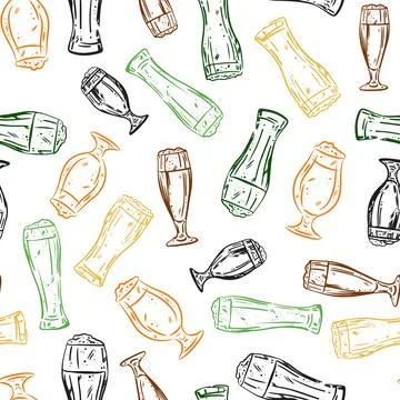 Pattern with beer, cider glasses in sketch style. Seamless background with for Stock Illustration