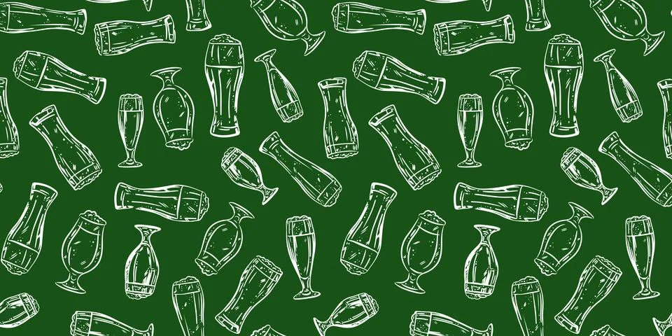 Pattern with beer, cider glasses in sketch style. Seamless background with for Stock Illustration