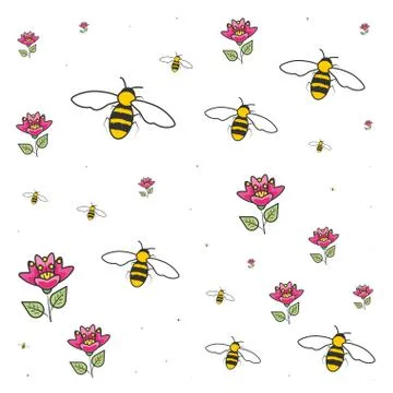 Pattern of bees insects with flowers Stock Illustration