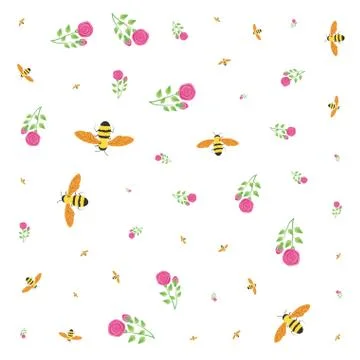 Pattern of bees insects with flowers Stock Illustration