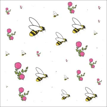 Pattern of bees insects with flowers Stock Illustration