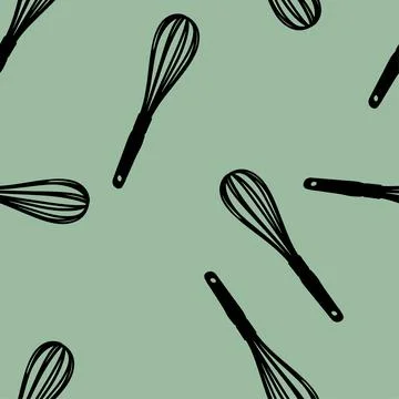 Pattern behind a green background with black vector kitchen whisks Stock Illustration