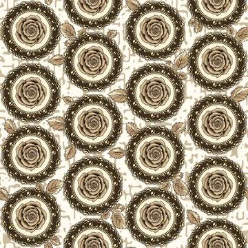 Pattern with beige roses, circles, gold chain, beads, leaves. Stock Illustration