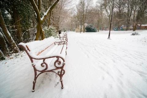 Pattern of benches after snowfall Stock Photos