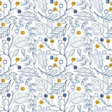 Pattern berries and leaves BLUE and GOLD Stock Illustration