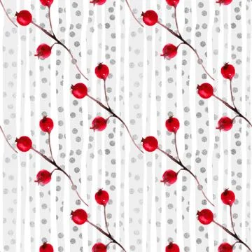 Pattern with berries on a background of gray stripes with silver texture Stock Illustration