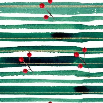 Pattern with berries on a background of watercolor green stripes with gold Stock Illustration