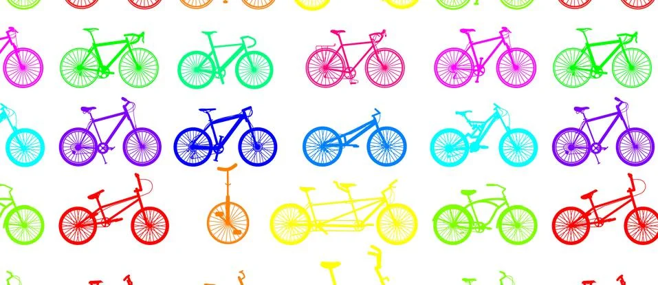 Pattern from bicycles of different types and different bright colors Stock Illustration