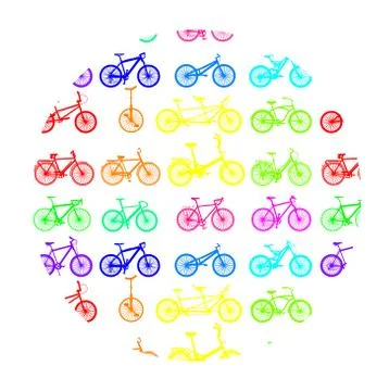 Pattern from bicycles of different types and different bright colors Stock Illustration
