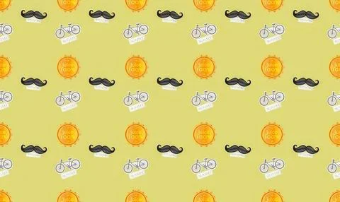 Pattern with bicycles, mustaches, and oranges on a yellow background Stock Illustration