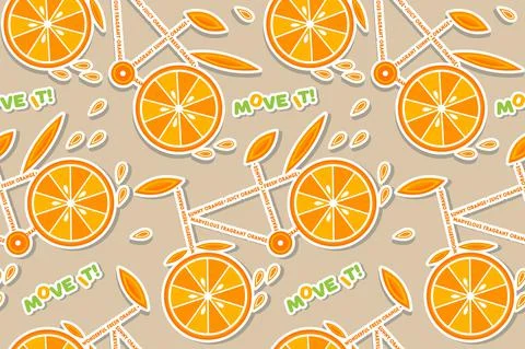 Pattern with bicycles with orange slice wheels 스톡 일러스트