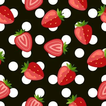 Pattern with big polka dot ornament, strawberries Stock Illustration