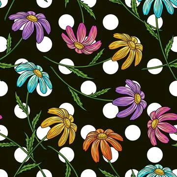 Pattern with big polka dot ornament, chamomiles Stock Illustration