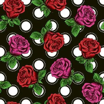 Pattern with big polka dot ornament, buds of roses Stock Illustration