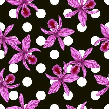 Pattern with big polka dot ornament, pink orchids Illustrazione stock
