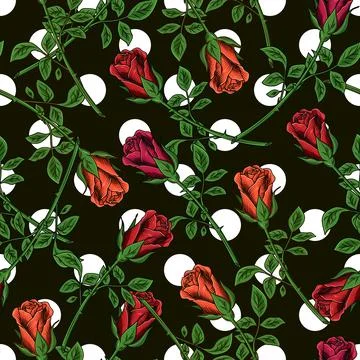 Pattern with big polka dot ornament, red roses Stock Illustration