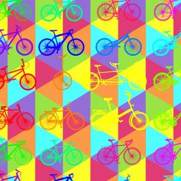 Pattern of bikes of different types and different bright colors Stock Illustration
