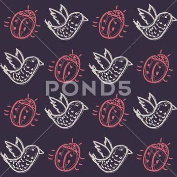 Pattern with birds and beetles 스톡 일러스트