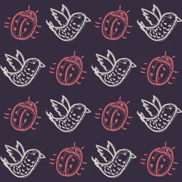 Pattern with birds and beetles Stock Illustration