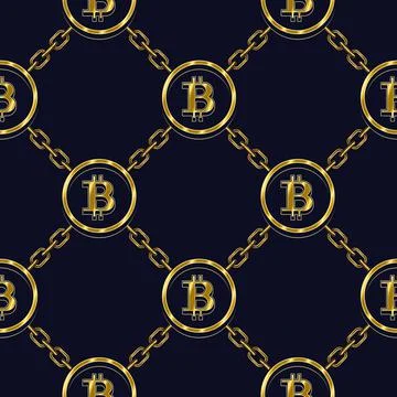 Pattern with bitcoin symbols, chain diagonal grid Stock Illustration