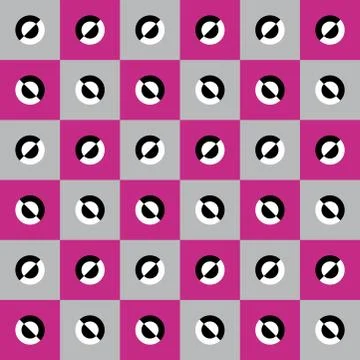 Pattern with black and white decorations in alternate grey and violet squares Stock Illustration