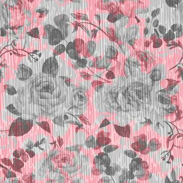 Pattern with black and white realistic silhouettes of garden roses and branches Illustrazione stock