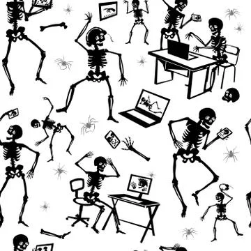 Pattern, black and white, silhouette, skeleton, a party of skeletons Stock Illustration
